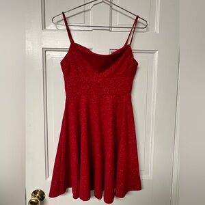 City Studio Womens Junior Dress Red Sparkle Spaghetti Strap Cowl Neck Mini Sz 5